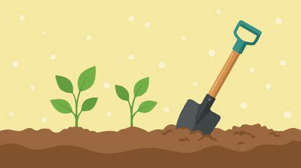 Illustration of planting seedlings and a shovel in soil with sunny sky © Pixelaraf