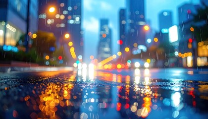 Obraz premium Cityscape Reflections - A Rainy Night in the Urban Jungle.