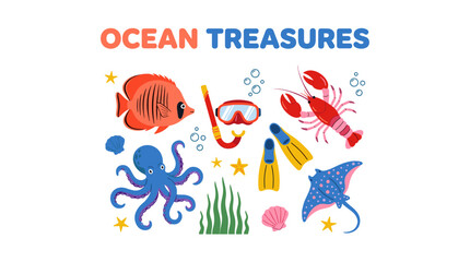 Ocean treasures illustration. Sea animals and diving gear. Marine life vector. © panji