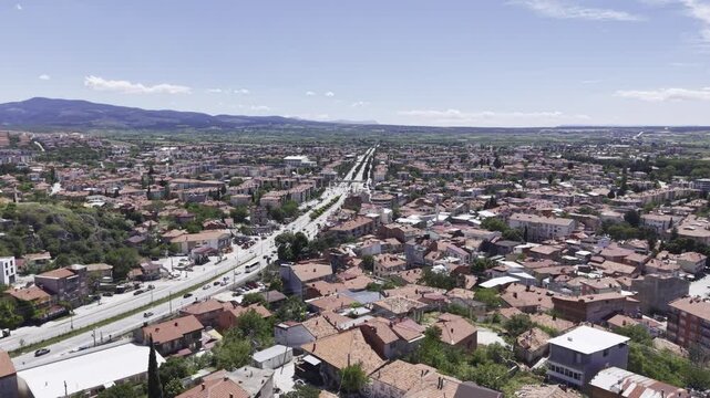 Cinematic Drone Footage of Dinar Town Center in Afyonkarahisar Turkey Showing Urban Landscape and Anatolian Architecture