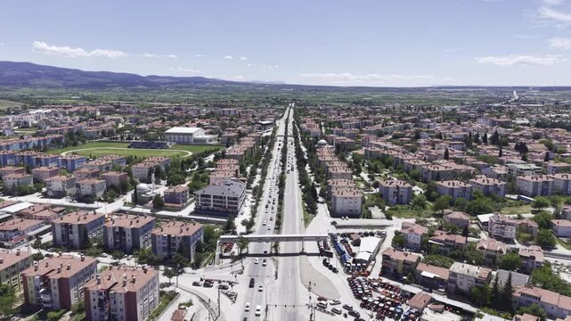 Cinematic Drone Footage of Dinar Town Center in Afyonkarahisar Turkey Showing Urban Landscape and Anatolian Architecture