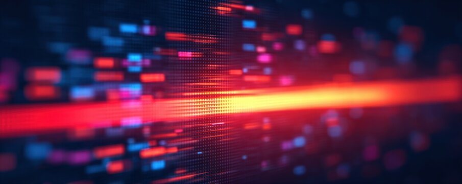 Digital data stream with glowing red and blue light particles on dark abstract technology background representing high speed information transmission