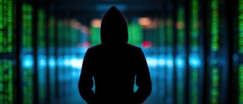 Hooded figure standing in dark server room with glowing green digital data code on server racks representing cybersecurity and information threats