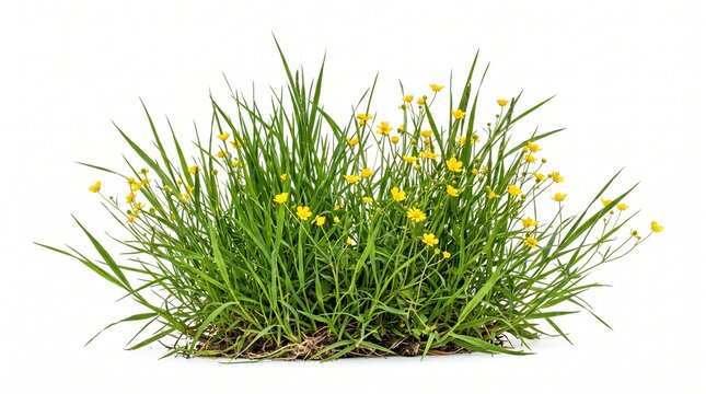 grass isolated on white background/Wild green grass with small yellow flowers isolated on white background, natural vegetation with sharp detail.
