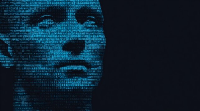 Human face silhouette formed by glowing blue binary code numbers representing artificial intelligence and advanced digital data processing technology