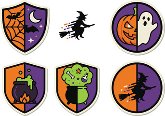 Fototapeta premium Spooky Halloween Sticker Collection Featuring Witch Flying on Broom Cauldron with Potion Pumpkin Ghost and Bats in Decorative Shield and Circle Badges