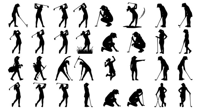 Professional Women Golf Silhouette Vector Set with Multiple Golf Action Poses