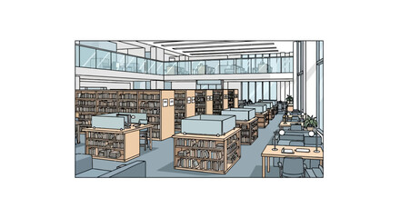 Spacious public library with rows of bookshelves and desks © anto
