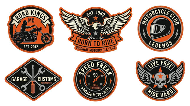 A retro collection of six embroidered patches and stickers with motorcycle themes.