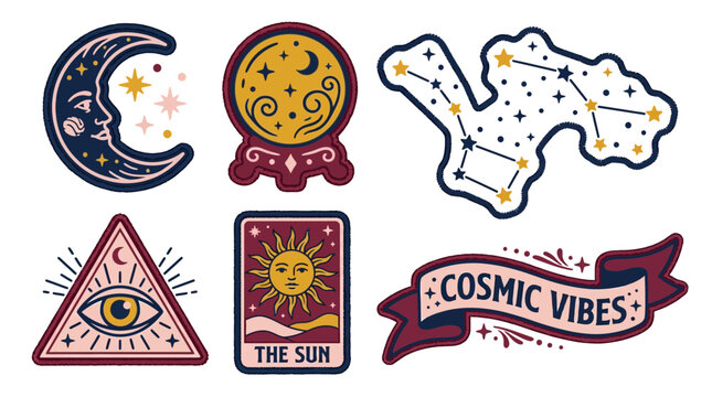 A retro collection of embroidered patches and stickers featuring celestial designs