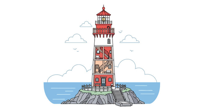Lighthouse cross section showing interior rooms and stairs on ocean