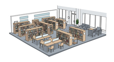 Modern library interior with bookshelves and study areas © anto