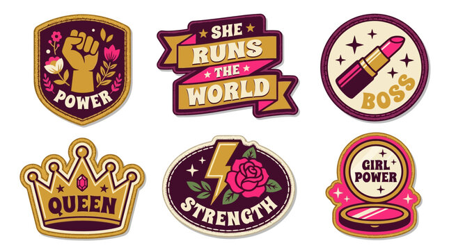 A vibrant collection of retro stickers and embroidered patches featuring empowering messages and symbols.
