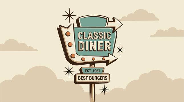 Classic diner sign. Retro roadside vintage graphic. 1950s burger joint artwork
