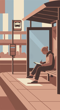 Person sketching at a bus stop