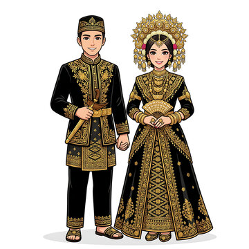 Cartoon illustration of a traditional Indonesian couple in elaborate black and gold attire, featuring a man with a kris and a woman with an ornate headdress and fan.