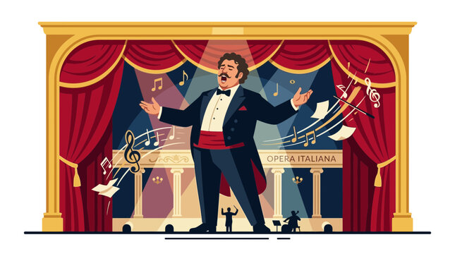 Opera singer performing on stage with red curtains and musical notes flying around him.