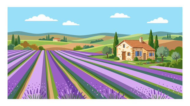 Idyllic French countryside landscape with a stone farmhouse surrounded by blooming lavender fields and rolling hills under a clear blue sky with fluffy clouds.