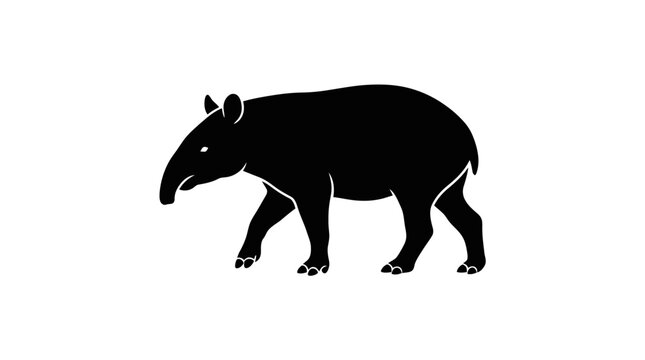 Black silhouette of a tapir walking against a white background