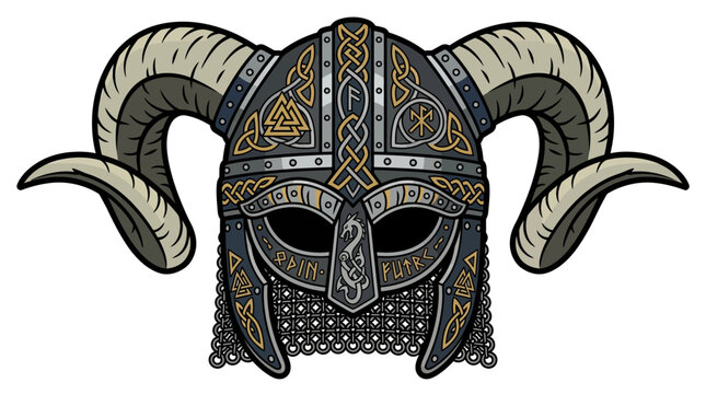 Detailed illustration of a traditional Viking warrior helmet with large curved ram horns.