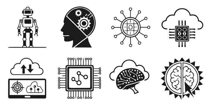 Black silhouette of artificial intelligence concepts, machine learning, robotics, and data