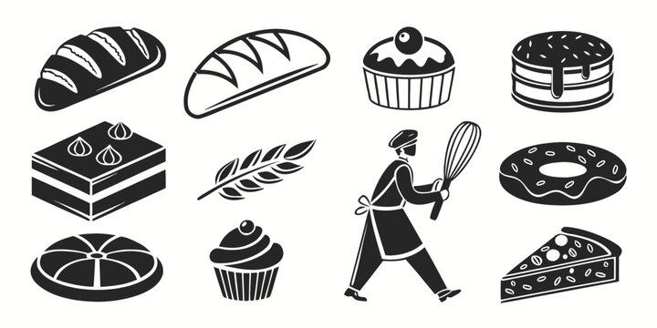 Black silhouette of bakery breads, pastries, and baking tools black bakery bread pastry baking tools