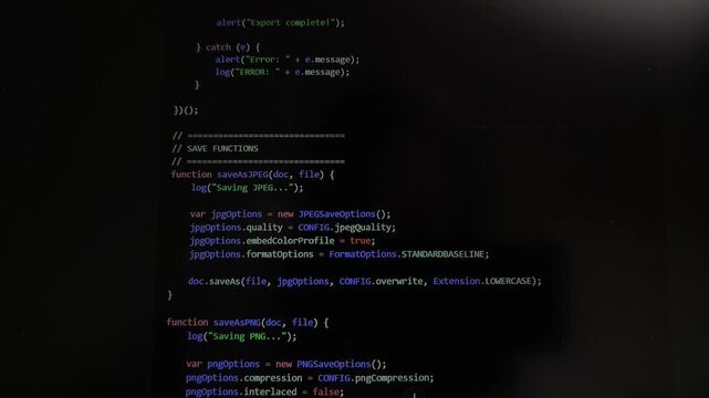 Code scrolls on computer screen showing programming process in dark mode. Developer reviews script written in javascript language environment. Technology concept reflects software