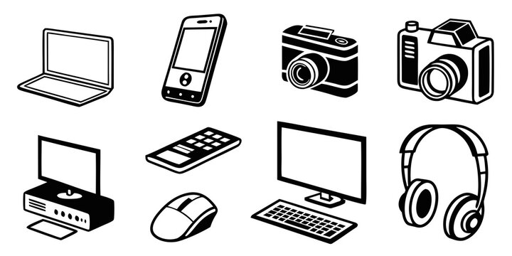 Black silhouette of computer devices and peripherals, style black computer devices