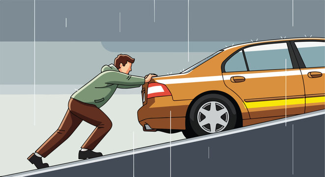 Man pushing a broken down car uphill on a rainy day