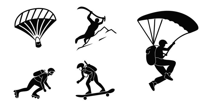 Black silhouette of extreme sports: snowboarding, skiing, ice hockey, and bobsleigh