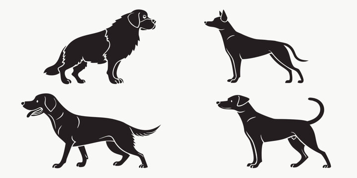Black silhouette of four dog breeds in dynamic poses canine breed dog poses walking dog