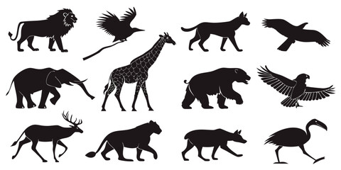 Obraz premium Set of 12 black silhouette animal mammals and birds in style black silhouettes deer