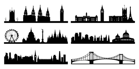 Set of 12 black silhouette city skyline urban landscape buildings skyscrapers © Abu