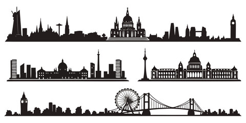 Set of 12 black silhouette city skyline style urban landscape buildings skyscrapers © Abu