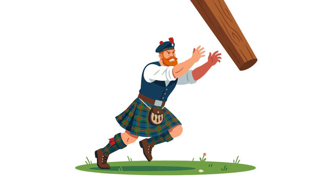 Illustration of a Scottish man in a kilt performing a caber toss at the Highland Games.