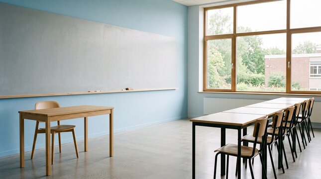 Empty classroom with table chairs and whiteboard