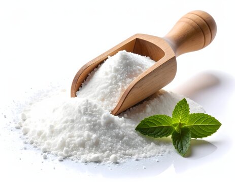 Pure white powdered sugar in a wooden scoop with scattered mint leaves, essential for baking and confectionery