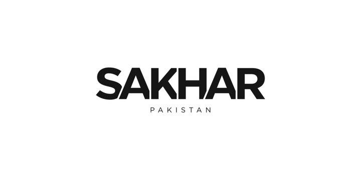 Sakhar in the Pakistan emblem. The design features a geometric style, vector illustration with bold typography in a modern font. The graphic slogan lettering.