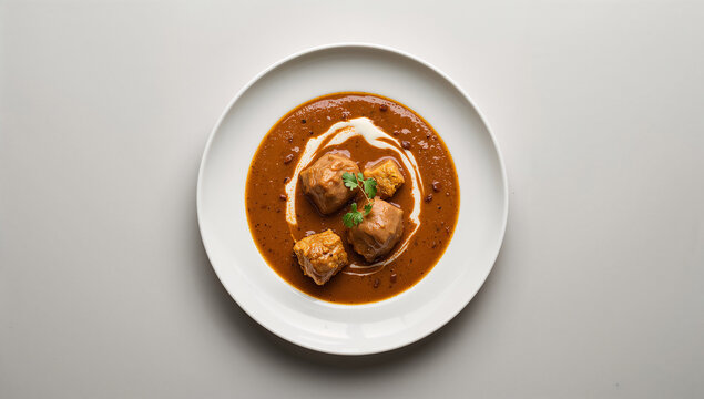A gourmet plate of vegetable kofta curry in a rich brown gravy sauce with vegetable vegetarian delicious culinary homemade authentic restaurant nutrition prepared traditional flavorful