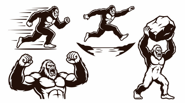 Set of Bigfoot Sasquatch character illustrations in various dynamic poses.