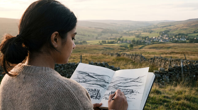 Woman sketching countryside landscape in journal outdoors