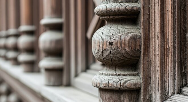 Detailed Close-Up of Ornate Wooden Balustrade with Decorative Carvings.