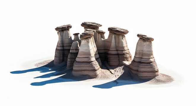 Isolated hoodoo rock formations with layered strata on white background