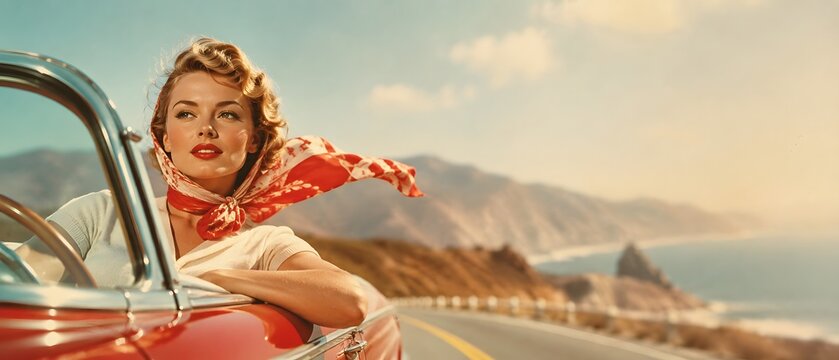 Beautiful young woman in vintage retro 1950s style with red headscarf driving classic convertible car on coast road