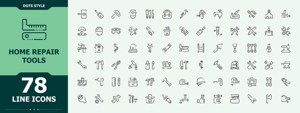 Set of Home Repair Tools line icon. Includes symbols for house, repair, decoration, tool, build, tools. Minimalist vector collections. Repair linear icon set. Vector illustration. Pixel perfect.
