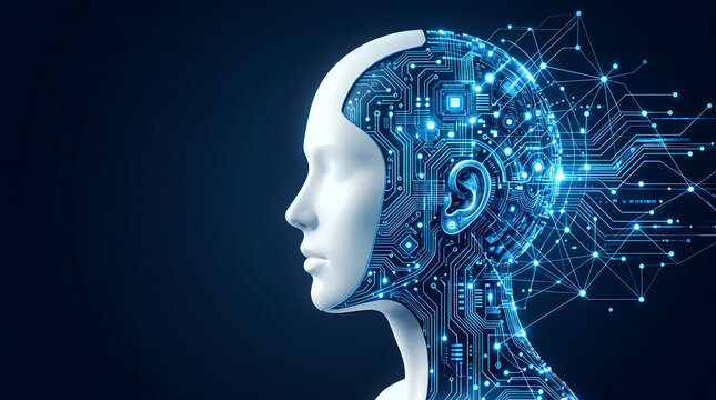 Artificial intelligence concept with humanoid head silhouette and glowing blue digital circuit board neural network
