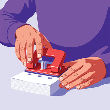 Hands punching holes in paper stack with a red office tool