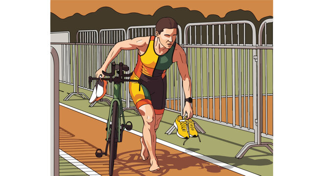 Triathlete with bicycle and shoes at transition area in outdoor event