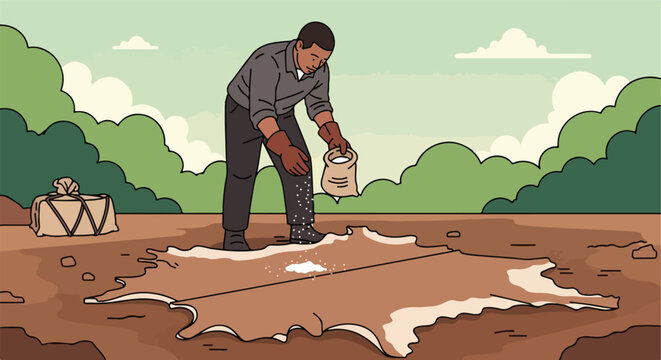 Man salting animal hide outdoors, preserving skin