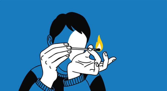 Person lighting match on blue background